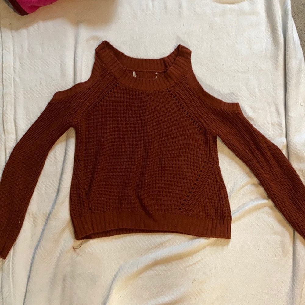 Soft Pumpkin Colored Knit Sweater, open shoulder